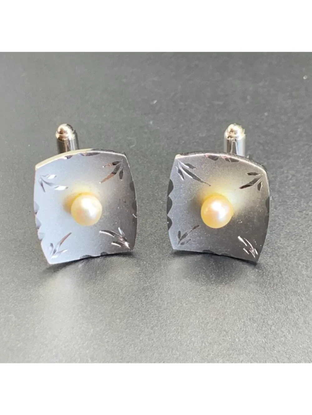 Pearl Satin Finish Laser Engraved Design Sterling Silver 925 Cufflinks 0.75''